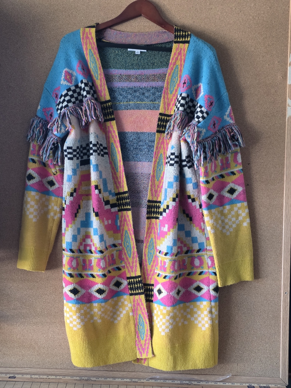THML Hendrick Geometric Fringe Long Cardigan Sweater Boho Multi-Color Size L